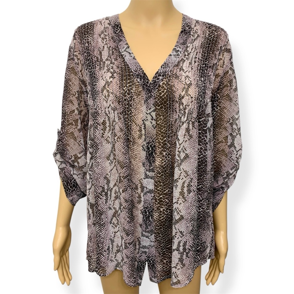 Love Stitch Snakeskin Print Black-Purple   V-neck Top Blouse Cardigan size L